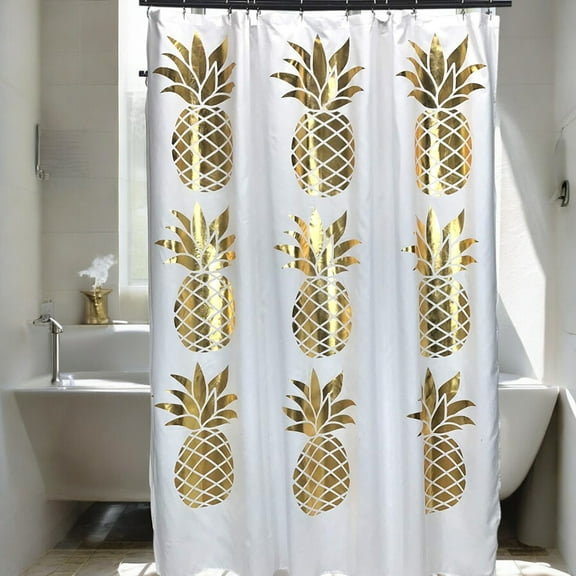Serafina Home Pineapple Fabric Shower Curtain: Elegant Gold Metallic Design (White)