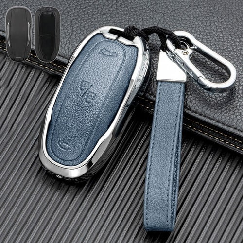 Car Key Fob Cover Case Protector Zinc Alloy Leather Car Remote Key Fob Case Cover Bag Holder For Tesla Model S 3
