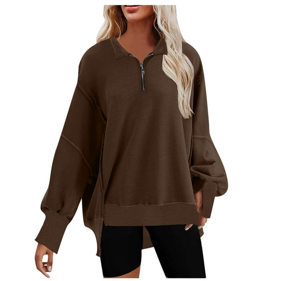 up to 60% off Gifts Holiday Womens Sweatshirt Winter Quarter Zip Sweatshirt for Women Casual Solid Long Sleeve Lapel Pullover Blouses Fashion Irregular Hem Oversized Sweatshirt Tops Big Saving