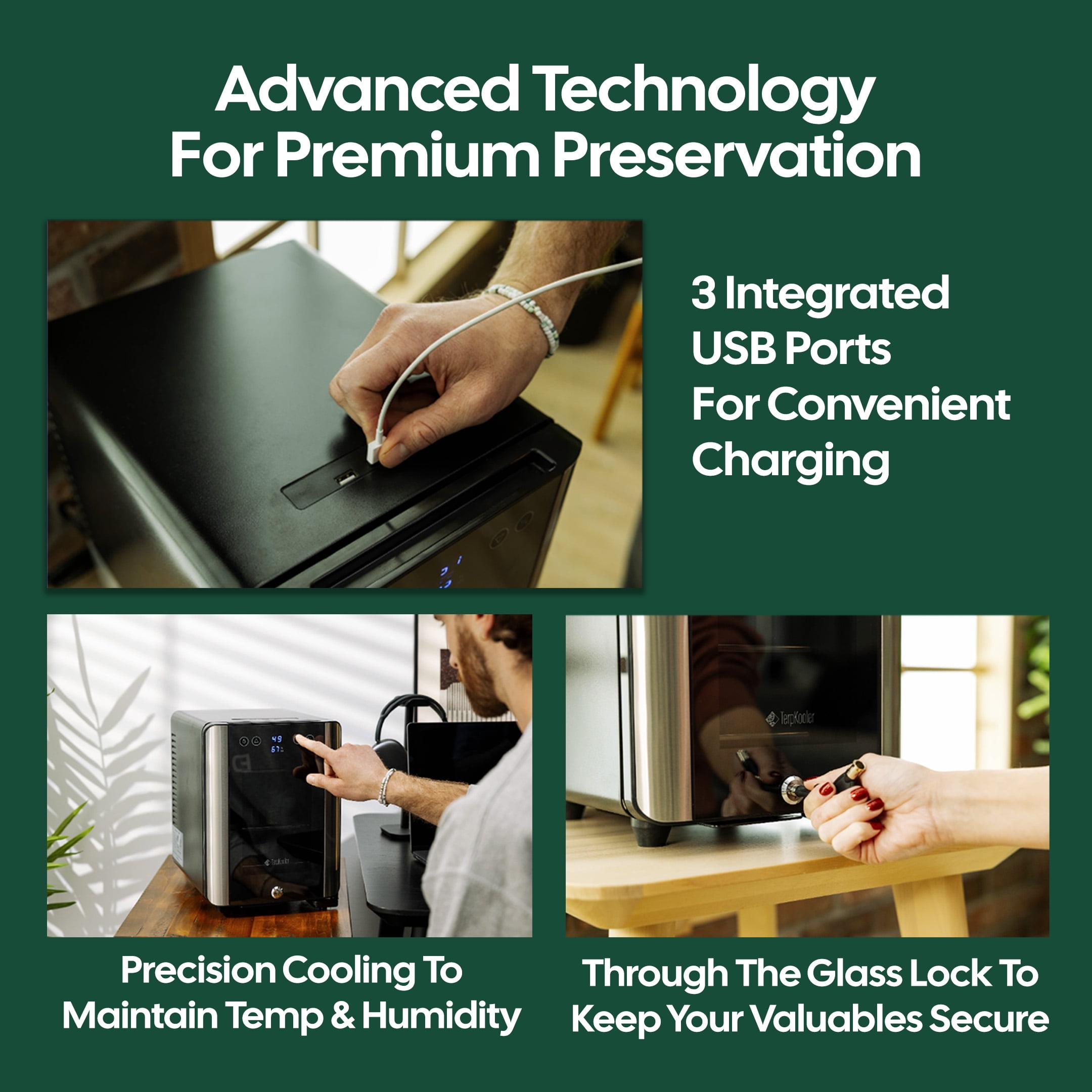 Open Box Essential Cooler - Mini Fridge with Temp & Humidity Control, 3 USB Ports, Smoked Glass Shelves, Lockable UV Glass Door for Cosmetics, Skin Care, Medicine, Herbs, and More