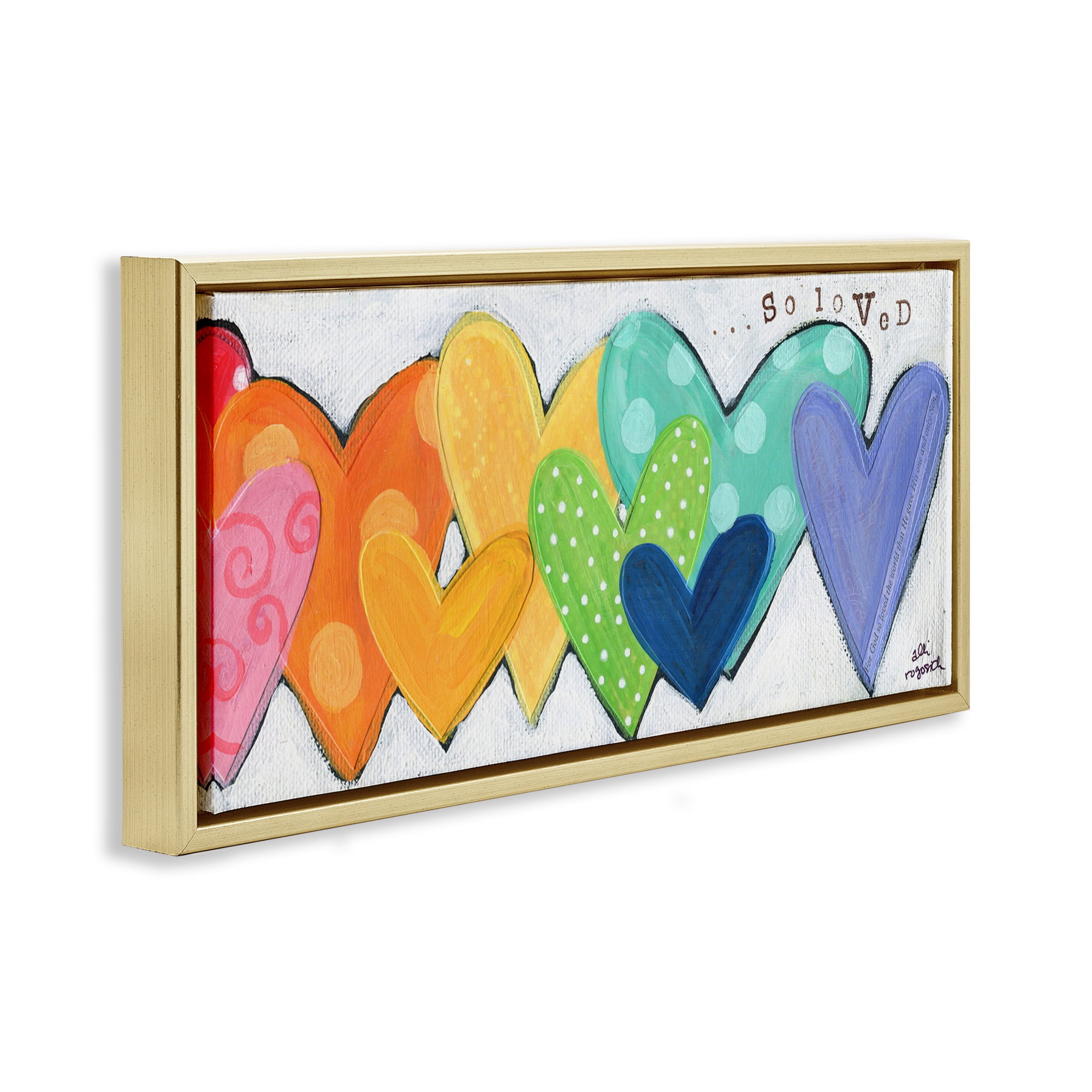 Stupell Industries Patterned Hearts So Loved Typography Painting Gold Floater Framed Canvas Art Print Wall Art, 31 x 14
