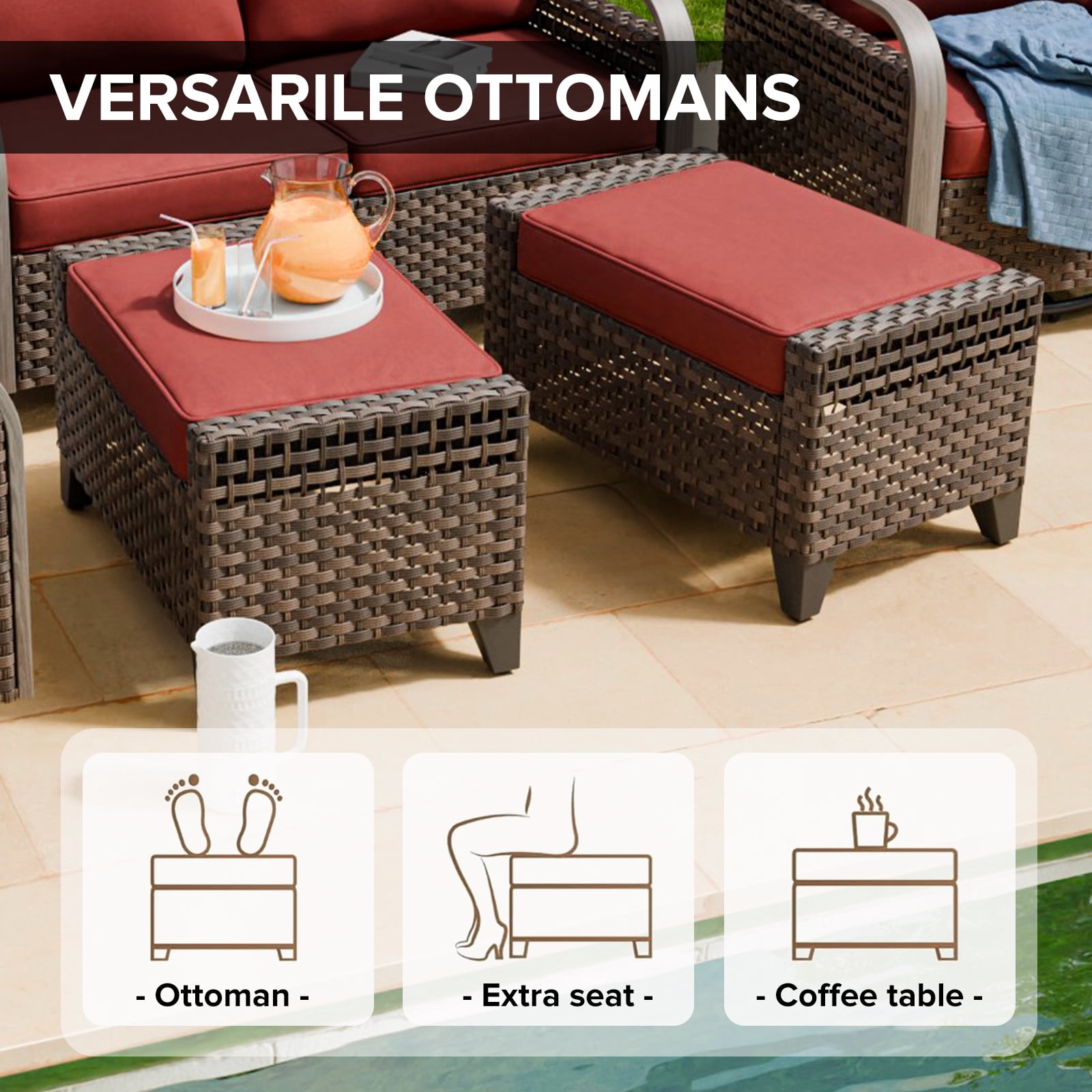 COOS BAY 5 Piece Brown Wicker Patio Sofa Set Outdoor Rattan Furniture Conversation Set Loveseat, Swivel Glider Chairs and Ottomans with Red Cushions