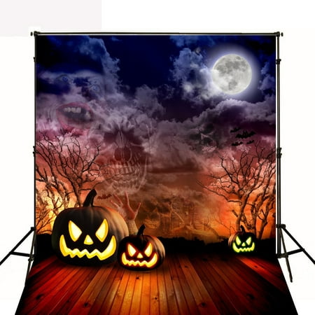 Image of HelloDecor Photography Backdrop Halloween 5x7ft Heavy Clouds Grey Moon Photo Background Deaded Trees Yellow Pumpkin Background Floor