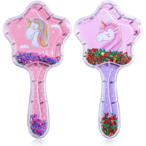 JM Paquete de 2 cepillos para el cabello para niñas (rosa, morado), cepillo para el cabello para niños, peine con airbag con purpurina de unicornio de dibujos animados, juego de cepillos para el cabello adecuado para niños y niñas con cabello rizado y liso, como regalo para el día del niño. JM