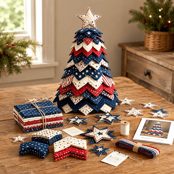 Americana Christmas Tree Quilt Kit, DIY Holiday Sewing Kit for Handmade Tabletop Decor, Nostalgic Christmas Craft for Quilting Lovers