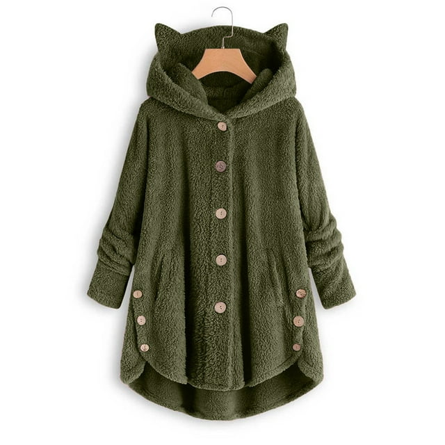 Mikilon Women's Keep Warm Button Down Cardigan Hoodies Cat Ears Irregular Plush Solid Hooded Coat Tops