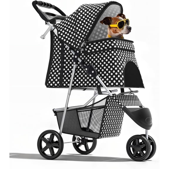 OWNEN 3-Wheel Pet Stroller, Foldable Travel Jogger for Small & Medium Dogs & Cats (Up to 33lbs), Lightweight Carrier with Breathable Mesh Cover, Cup Holder & Storage Basket, Black Polka Dots