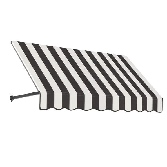 Awntech 5.38 Ft Dallas Retro Straight Slope Fixed Awning with Anodized Arms (64.5in x 18in x 24in), Black/White Stripe
