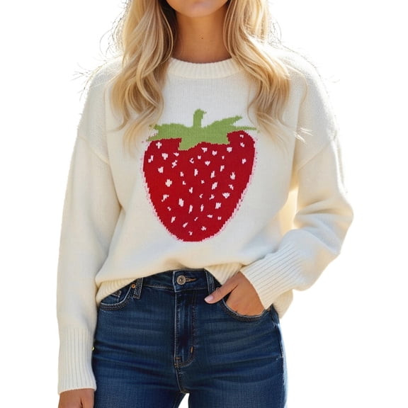 LMLYSoH Women Knit Sweater Long Sleeve Crew Neck Strawberry Pullover Warm Sweater for Fall Winter
