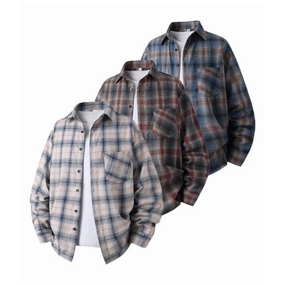 Men's Plaid Flannel Button‑Down Shirt, Loose Fit Long Sleeve Casual Shirt Jacket for Daily Work Travel, XS‑2XL