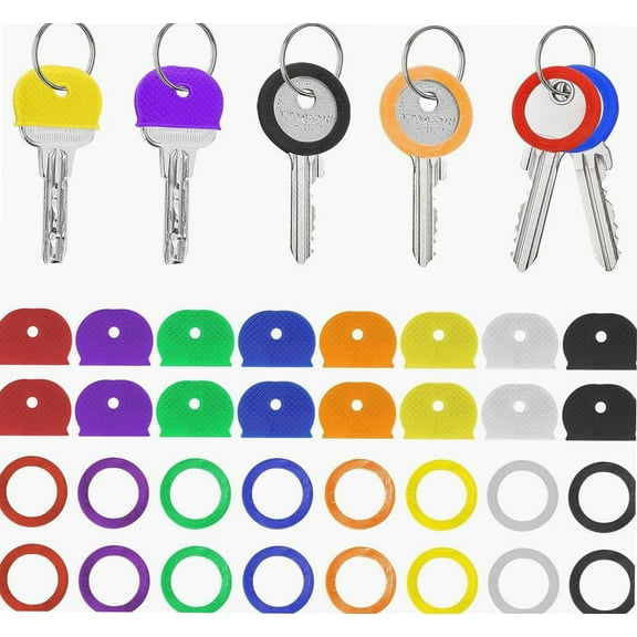 32Pcs Key Covers Caps 1 Inch Coloured Square Key Caps Key Covers Coding Rings Soft PVC Key Identifiers for Standard Regular Thin Flat House Keys Easy to Identify(2 Styles, 8 Colors)