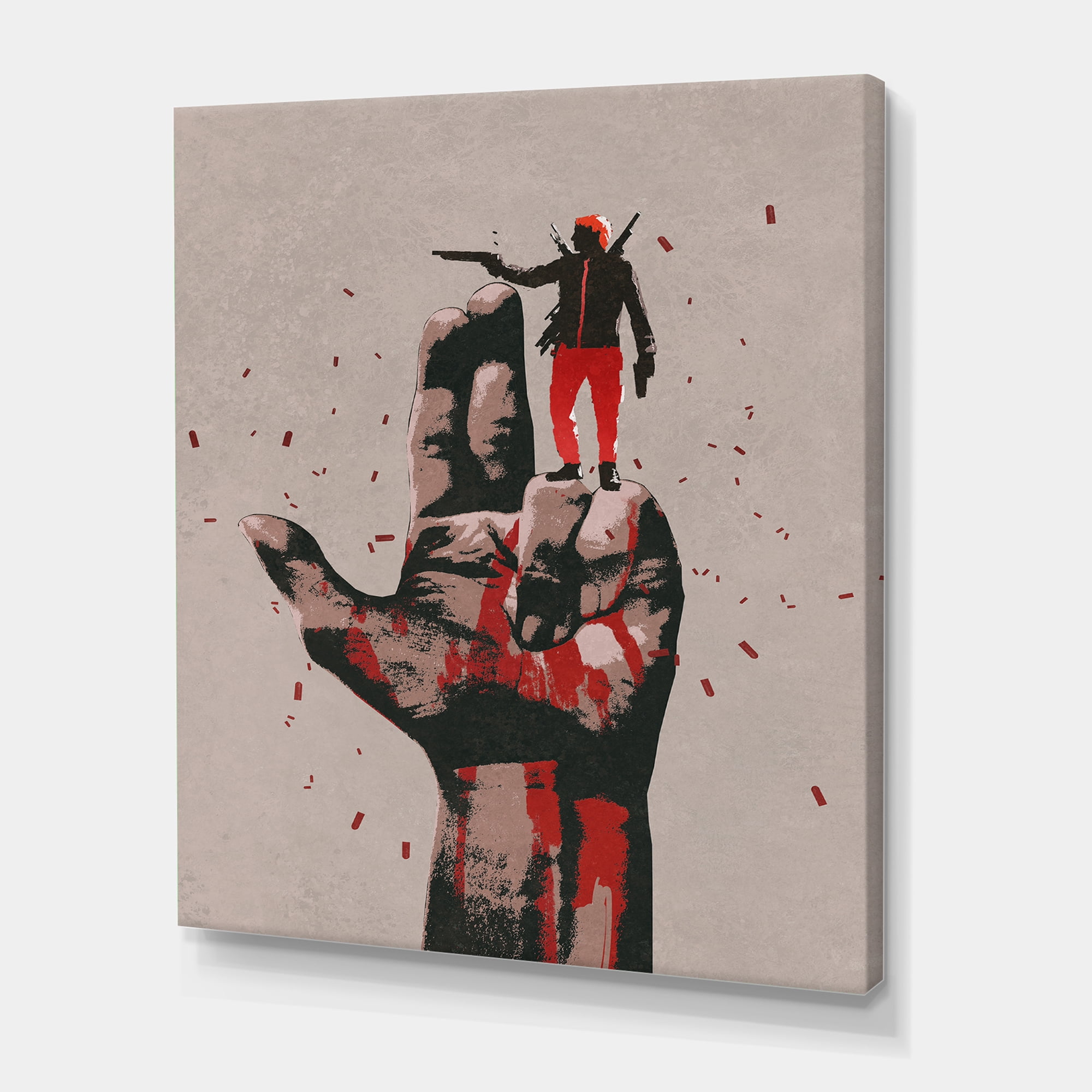 Gun Hand Sign With Man Shooting Gun 12 in x 8 in Painting Canvas Art Print, by Designart