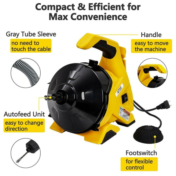 Towallmark Electric Drain Auger – 30Ft Cable, Auto-Feed Snake for Sinks, Toilets, and Floor Drains