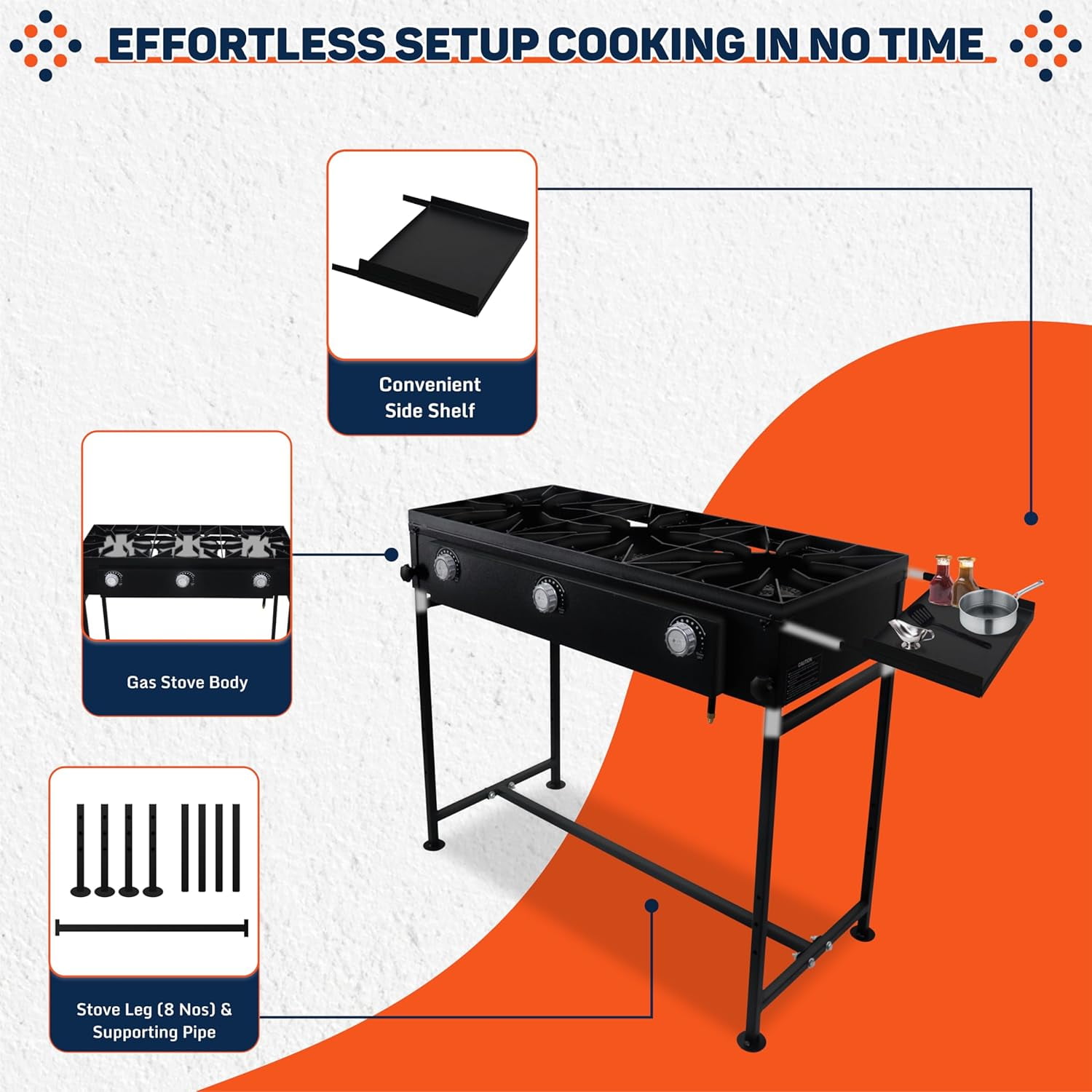 SONRET - Three Burner Propane Outdoor Camping Stove - 2,25,000 High BTU - with Side Shelf