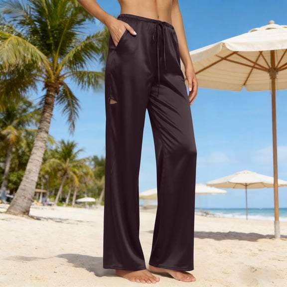 Womens Silk Satin Pajama Pants Casual Loose Lounge Pants Drawstring Elastic Waist Wide Leg Pj Bottoms with Pockets Brown S