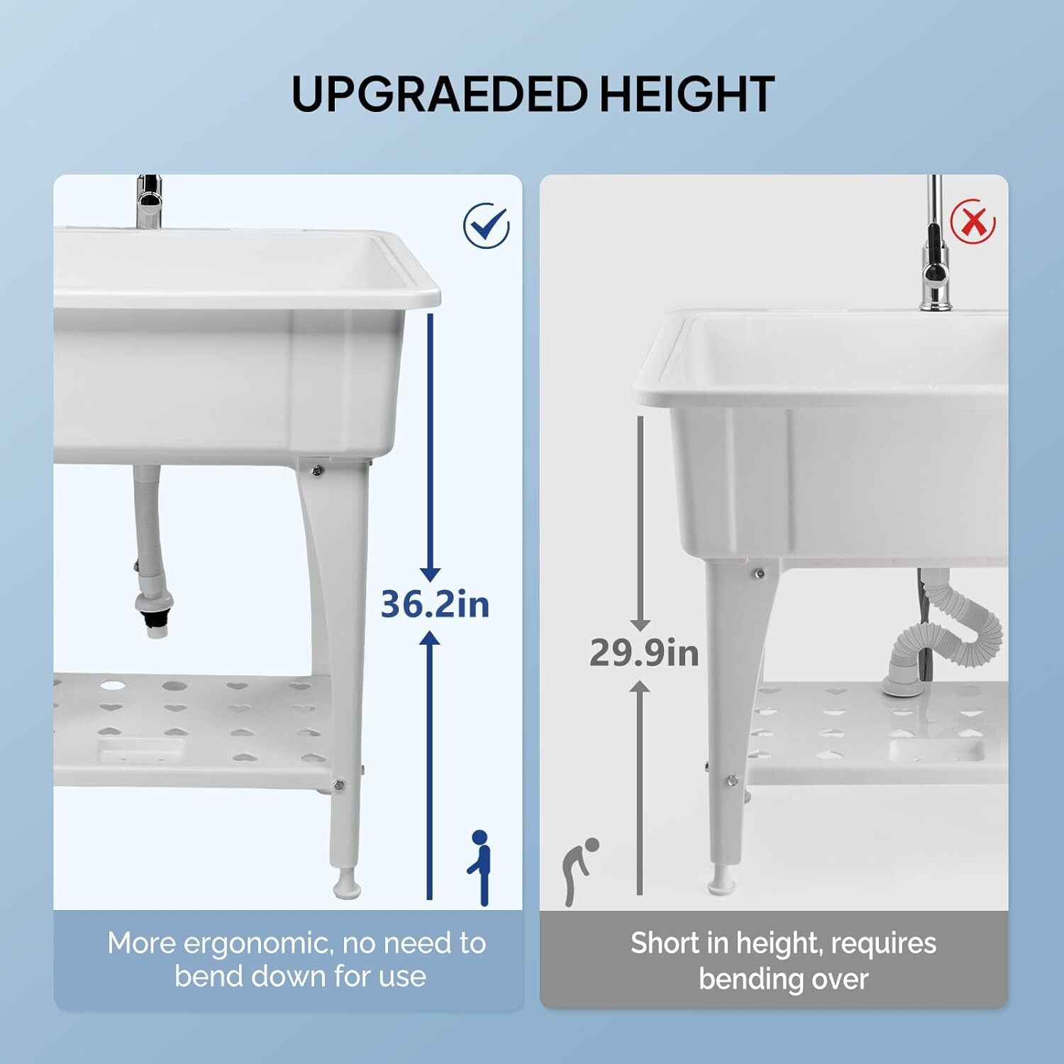 SONGMY Spacious White Utility Sink Laundry Tub for Laundry Room, Garage Washing Station, Slop Sink, Freestanding Sink with Stainless Steel Faucet, Drain, Storage Shelf and Removable Drainboard,White