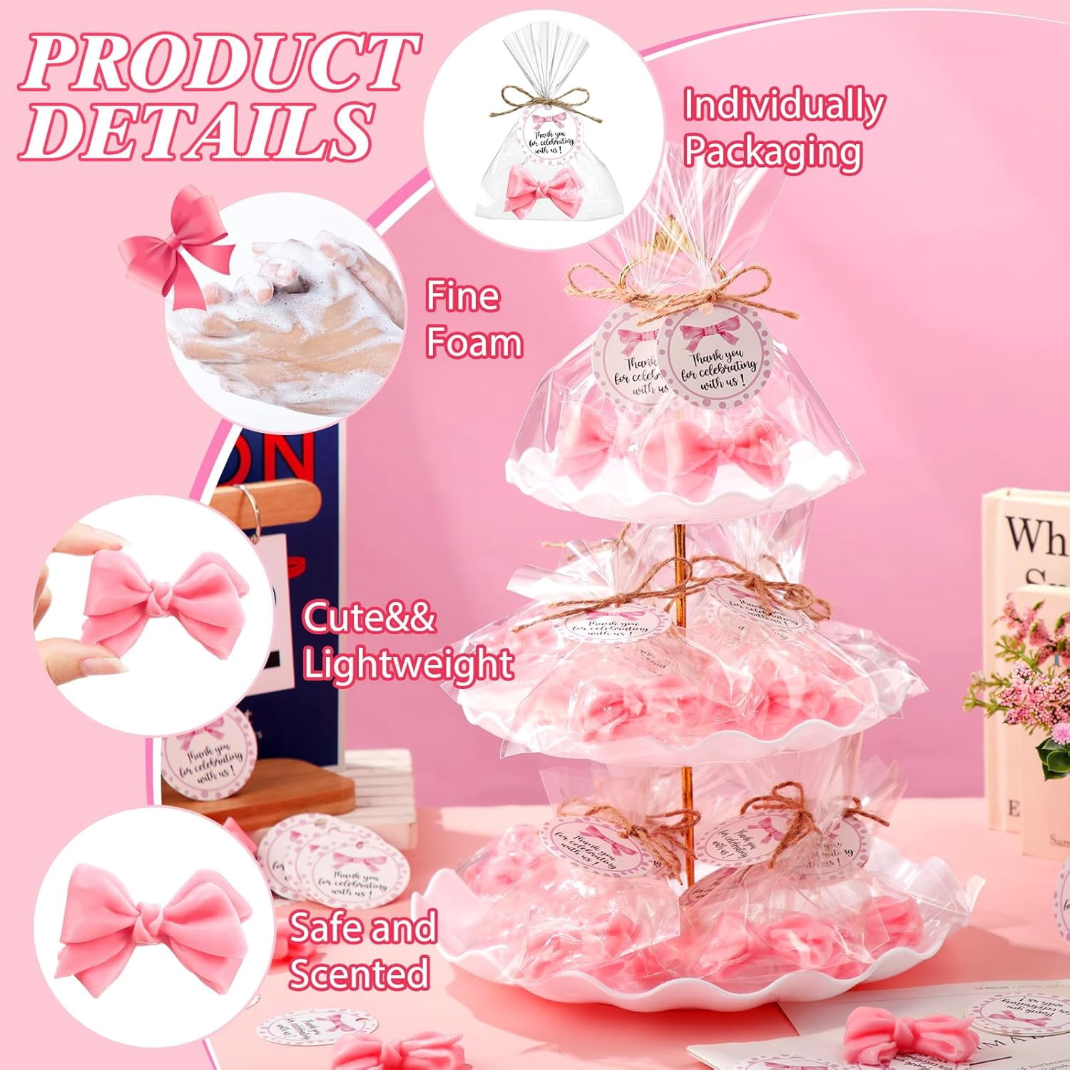 40 Sets Pink Bow Baby Shower Soap Favors Girl for Guests Coquette Cute Soap Favors Baby Shower Return Gifts Bulk with Bags Twines Thanks Tags for Girl Birthday Gender Reveal