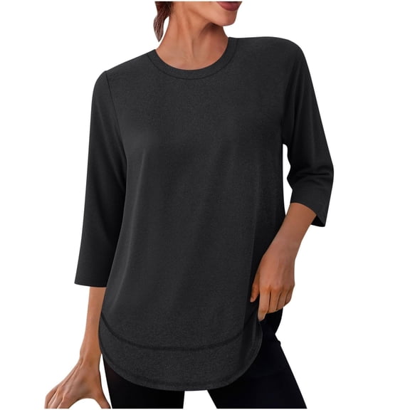 Women 3/4 Sleeve Workout Shirts Quick Dry Tops Crew Neck Gym Hiking T Shirt Sun Protection Casual Tees Lightweight Black L