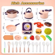 CUTE STONE Kids Kitchen Accessories Toy Pots & Pans Set, Sound Effects Induction Cooktop, Cuttable Play Food, Cooking Utensil, Pink, Ages 3+