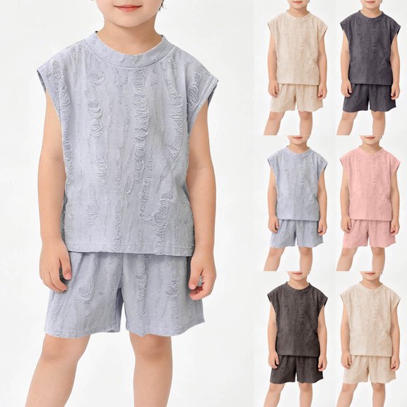WAVSUF Boys Knitted Outfit Sets Sleeveless Tank Tops and Shorts Kids Summer Active Casual Clothes 2 Piece Blue Size 6