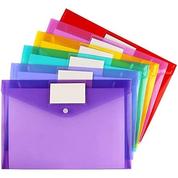 6 Pack Clear Document Folders Plastic Envelopes Poly Envelopes File Envelopes with Label Pocket and Snap Button for Home Work Office Organization, Letter Size/A4 Size, 6 Colors