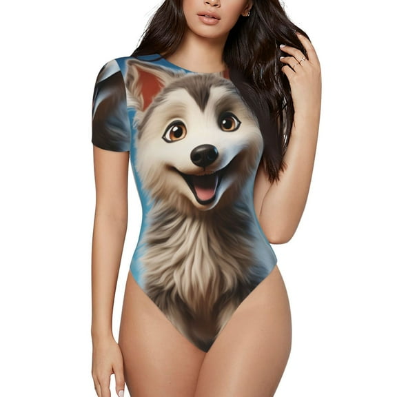 Hirioo Blue Sky Cute Wolf for Women's Round Neck Short-sleeved Onesie Basic Bodysuits-Small