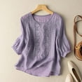 thumbnail image 2 of Women's Vintage Hollow Out Breathable Solid Color And Linen Short Sleeve T Shirt, 2 of 2