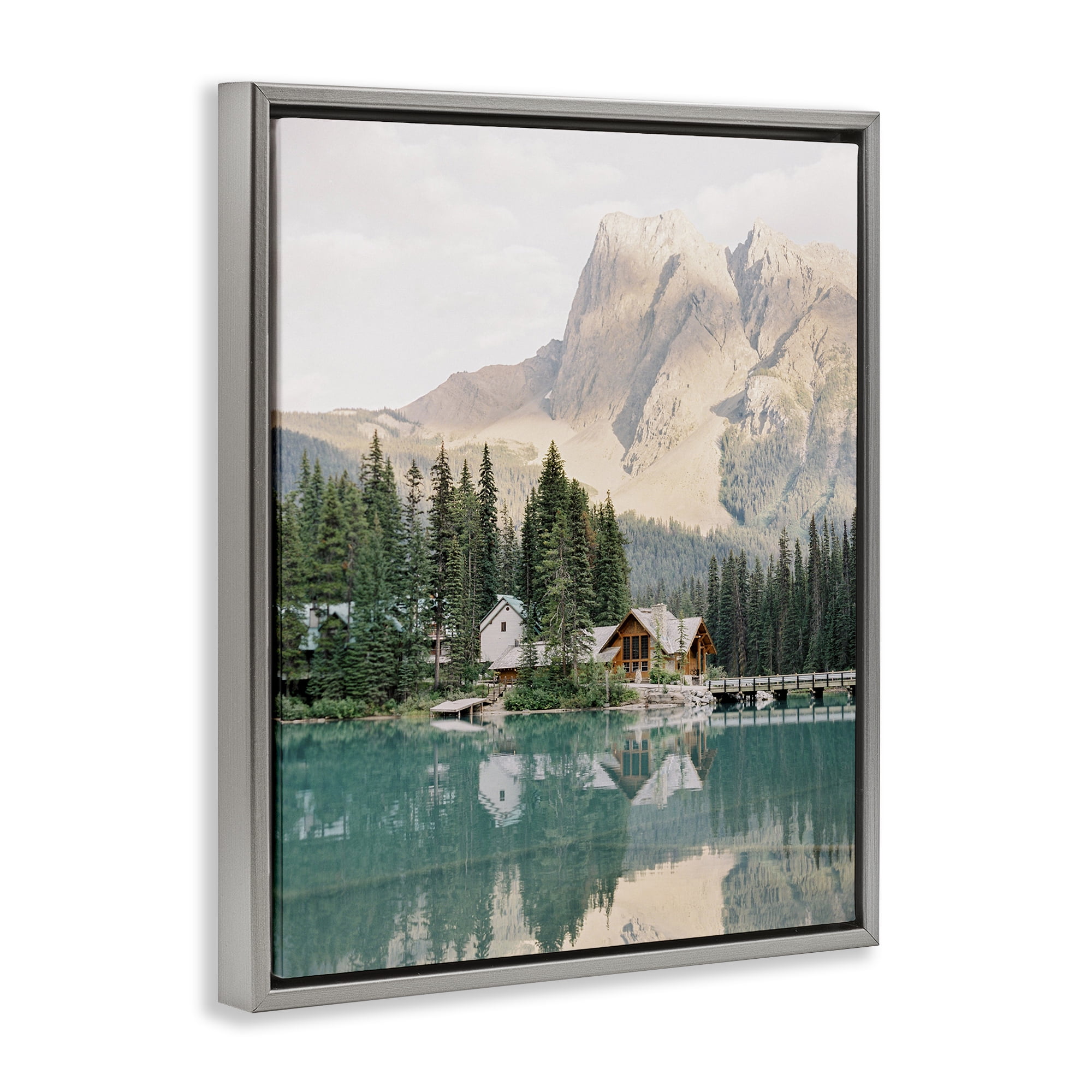Stupell Industries Lakeside Cabin Landscape Landscape Photography Gray Floater Framed Art Print Wall Art, 17 x 21
