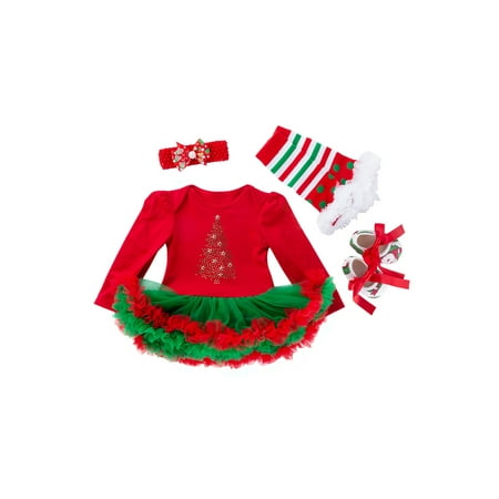 

Grianlook Girls 4Pcs Christmas Outfits Clothes Crew Neck Fall Romper Sets Long Sleeve Leg Warmer Set Travel Cute Headband Suits Four Pieces Snowflake Printed Style-F 66cm