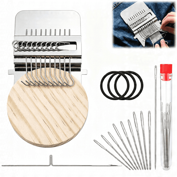BZCOE Darning Loom Knit Patch Kit with 10 Hooks,Portable Patch Weaving Tool for Visible Mending,Mini Sewing Repair Kit for Socks,Jeans,Sweaters and Clothing,Knitting Kit for Beginners