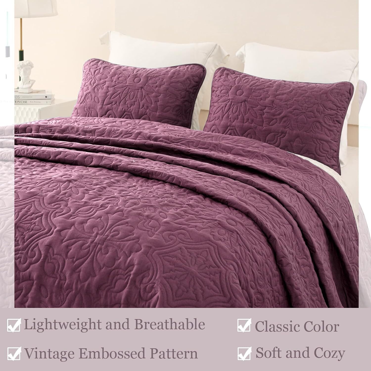 Whale Flotilla 3-Piece King Quilt Set, Soft Ultrasonic Embossed Bedding Set, Lightweight Bedspread Coverlet with Boho Vintage Pattern, Reversible Bed Cover for All Seasons, Dusty Lavender