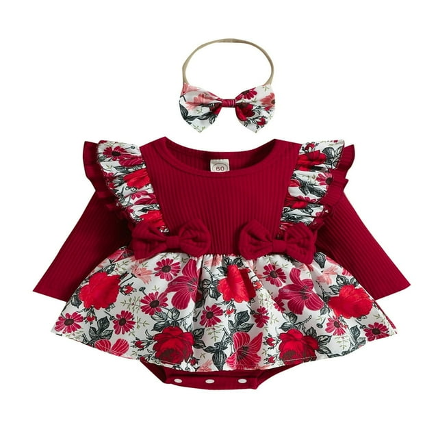2 Pieces Baby Suit Set Floral Print Neck Long Sleeve Ruffle Romper with Skirt Hem+ Headband 0-18 Months