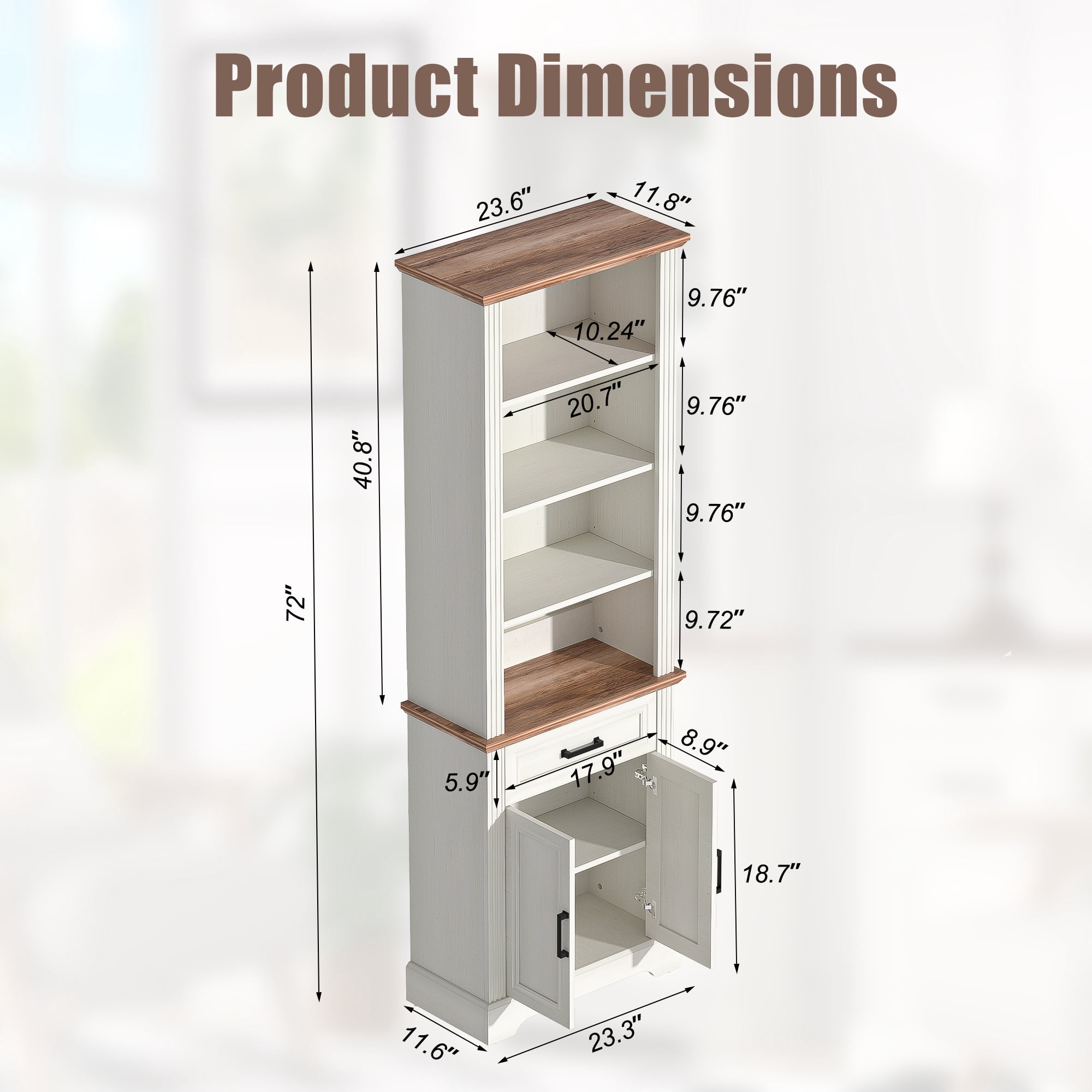 HARIPUL 72" Tall Bookcase Floor Standing with Drawer and Door, 6 Tier Wooden Storage Bookshelf for Living Room Home Office, Antique White