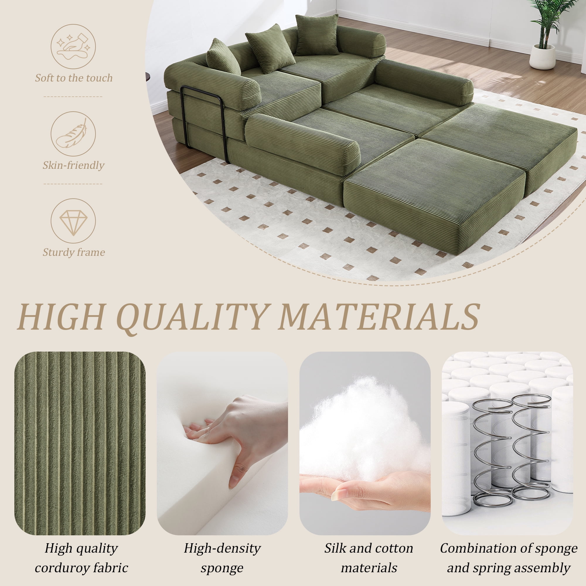 MOONMISS Corduroy Upholstered Convertible Folding Sofa Bed with Fixed Frame and Pillow Back Handrail-Olive Green