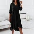 thumbnail image 5 of Fesfesfes Women Dress Spring And Fall V-Neck Solid Color Long-Sleeved Temperament Lace-Up Waist Slim Fit Ruffles Skirt Dress Plus Size $10, 5 of 9