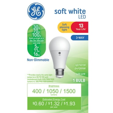 GE LED A19 3-Way Light Bulb, 100/70/30 Watt, Soft White, Medium Base, Frosted Finish, 13yr