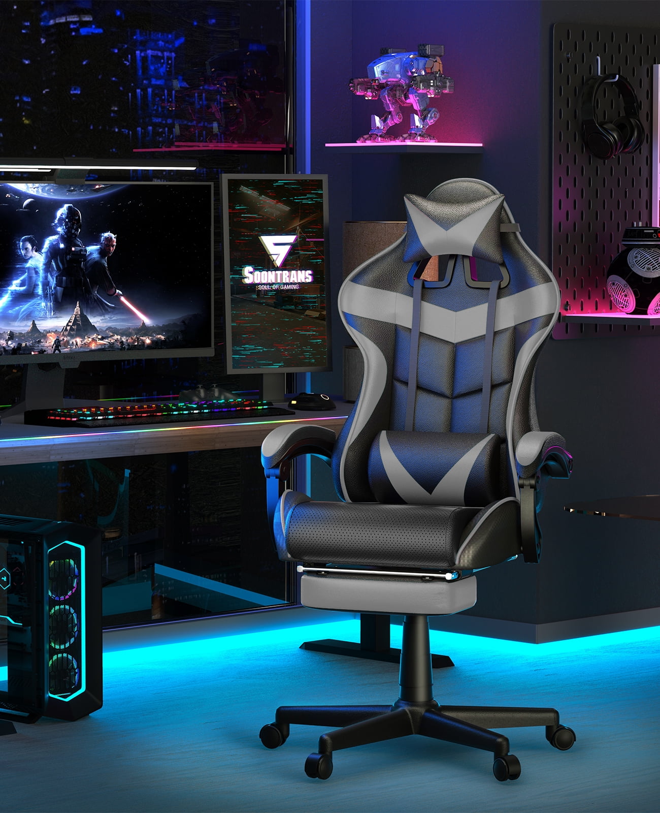 SOONTRANS Gaming Chair with Footrest, Ergonomic Game Gamer Chair with Lumbar Support & Headrest, Recliner Leather Computer Chairs