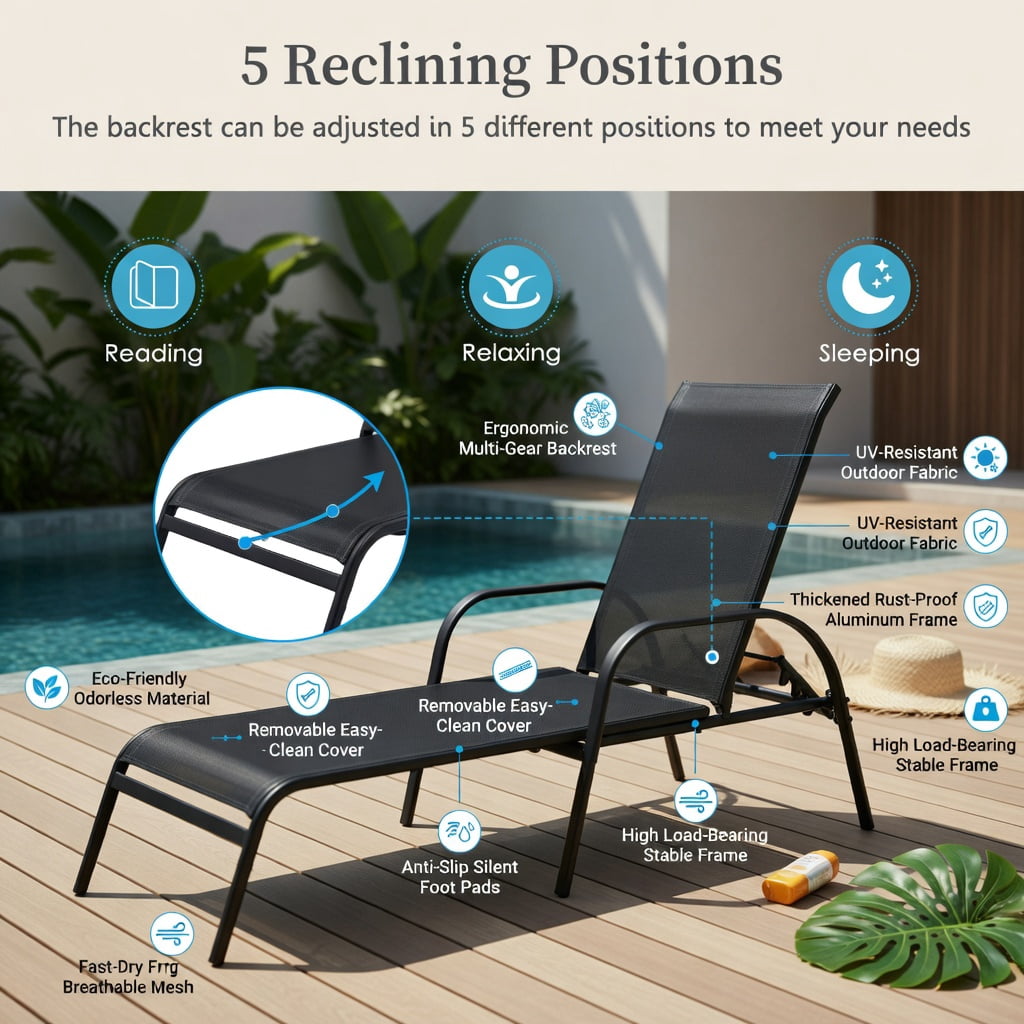 Hommoo Adjustable Folding Patio Chaise Lounge Chair, 5-Position Backrest, Sun-Resistant Fabric & Powder-Coated Steel Frame, Black