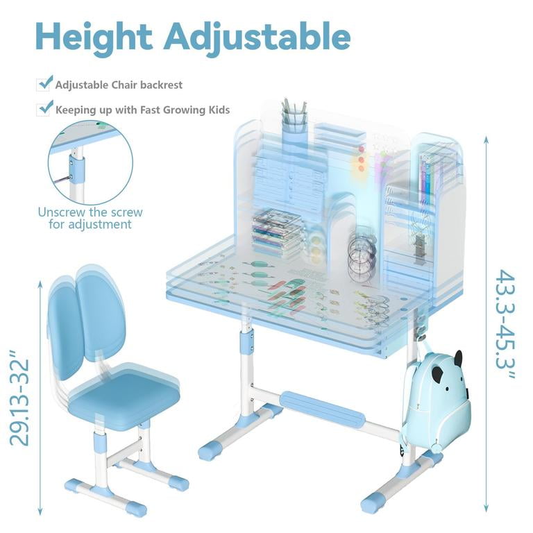 YNCE Kids Functional Desk and Chair Set, Ergonomic Height Adjustable Children School Study Desk with Book Stand, Storage Drawer and Metal Hook for Boys Girls
