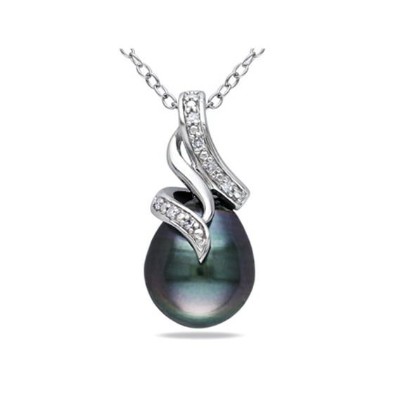 Miabella 9 - 9.5 MM Black Tahitian Pearl and Diamond Twist Pendant with Chain in Sterling Silver