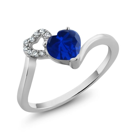 Gem Stone King 0.91 Ct Heart Shape Blue Created Sapphire 925 Sterling Silver Ring (Size 7)