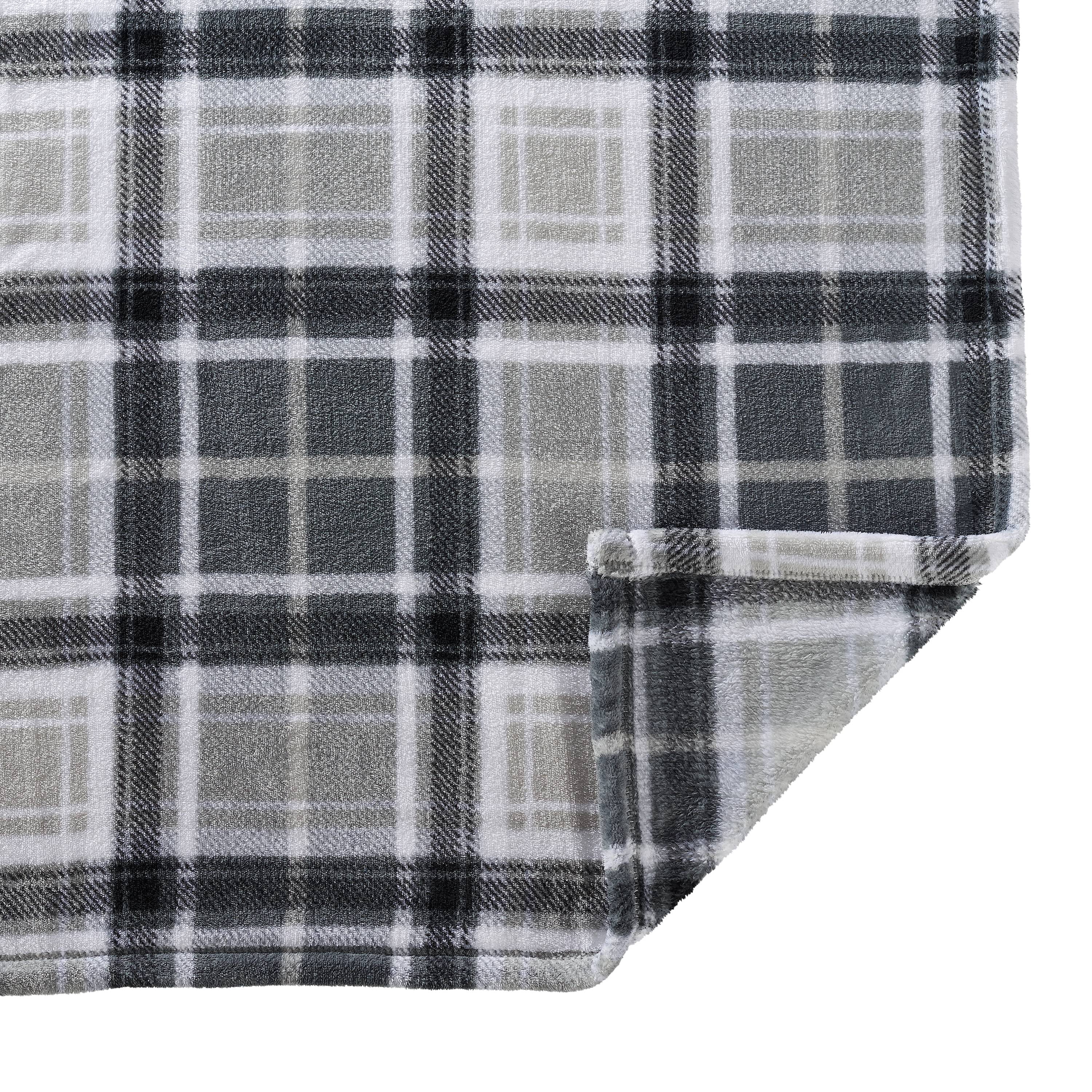 Mainstays Super Soft Plush Blanket, Twin, Light Grey Plaid 66"X90", Suitable for Adult