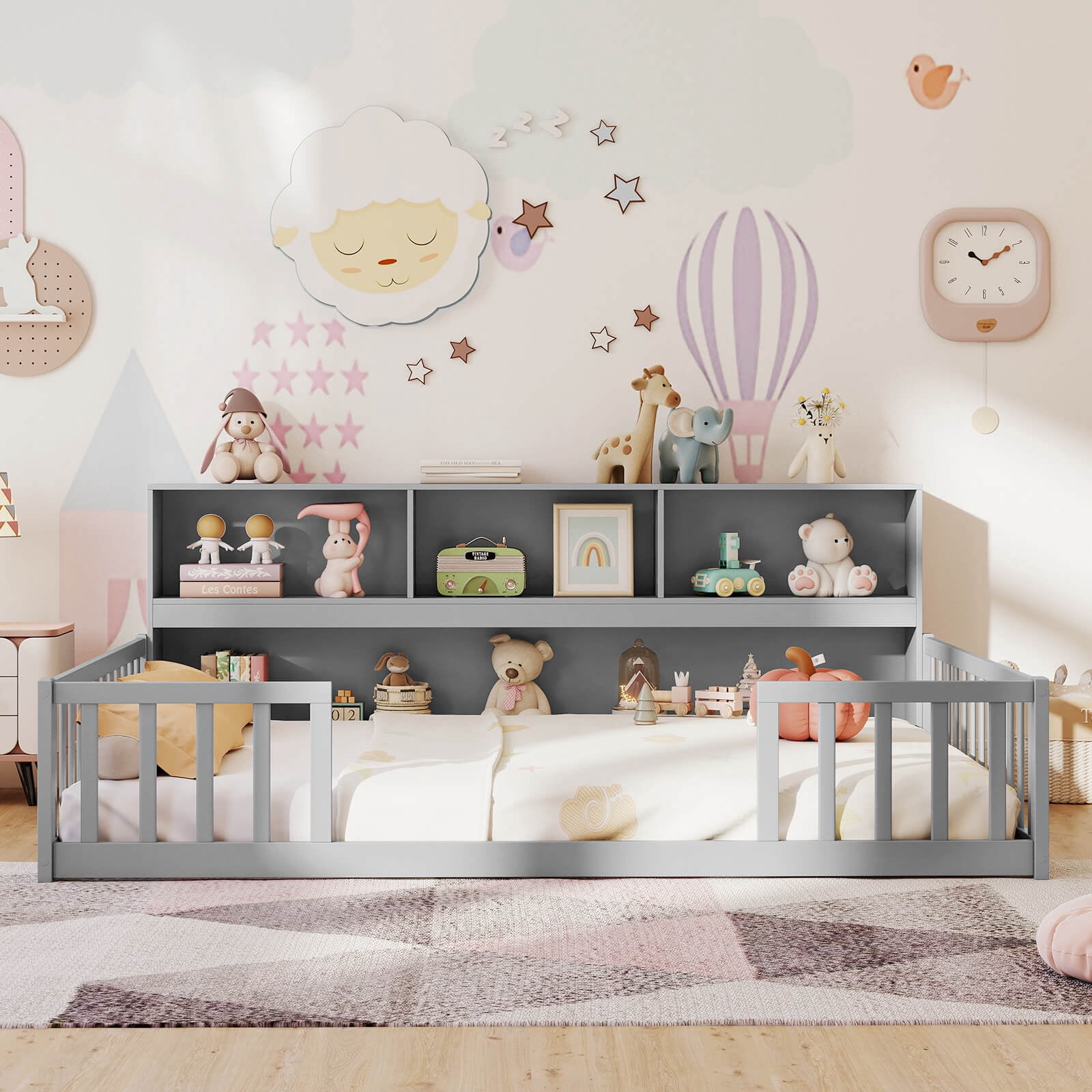 Costway Full Size Montessori Floor Bed with Bookcase Storage Shelves & Safety Fence Rails Gray