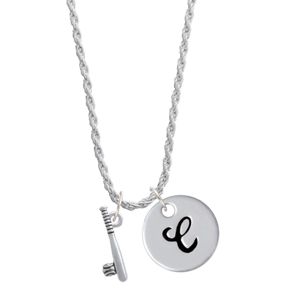 Delight Jewelry Silvertone Baseball Bat and Ball Silvertone Script Initial Disc - C - Charm Necklace, 20"+3"