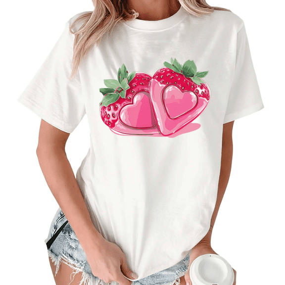 White Print Tshirt Graphic Tees Pink Strawberry Heart Love Design Tshirt S-5XL Tops