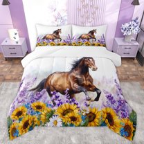 Homewish 3D Racing Horse Queen Comforter Set for Women, Vibrant Rustic Sunflower Bedding Sets, Hippie Western Animal Bedding Comforter Set, Super Cozy Room Decor, 3 Pieces