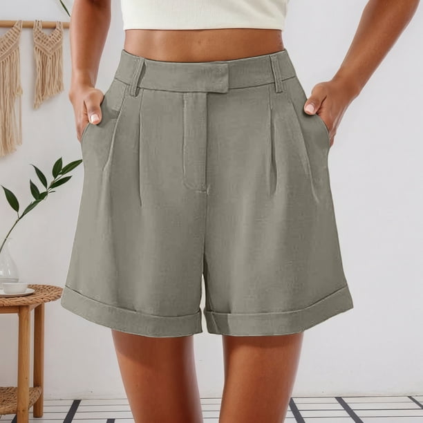 MKLEKYY Pantalones Cortos de Vestir de Cintura Alta para Mujer con Pliegues, Bolsillos Laterales y Espalda Elástica, Cómodos, Transpirables, Informales, para Viajar, Verano, Primavera y Otoño.