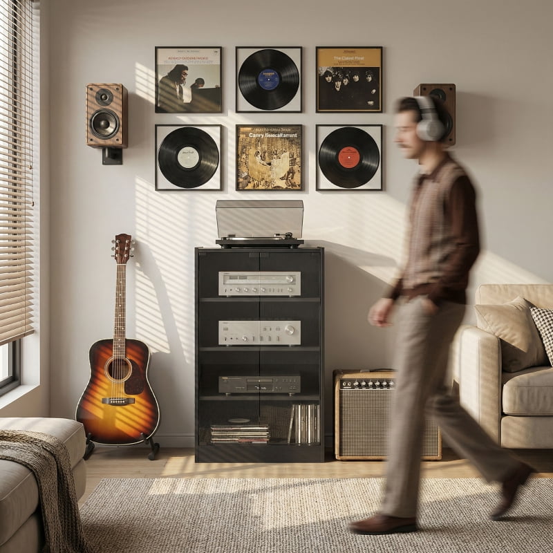 Alvantor 4-Tier Hi-Fi Storage Stand with Glass Doors & Adjustable Shelves 21.3x15.7x35.8 Black