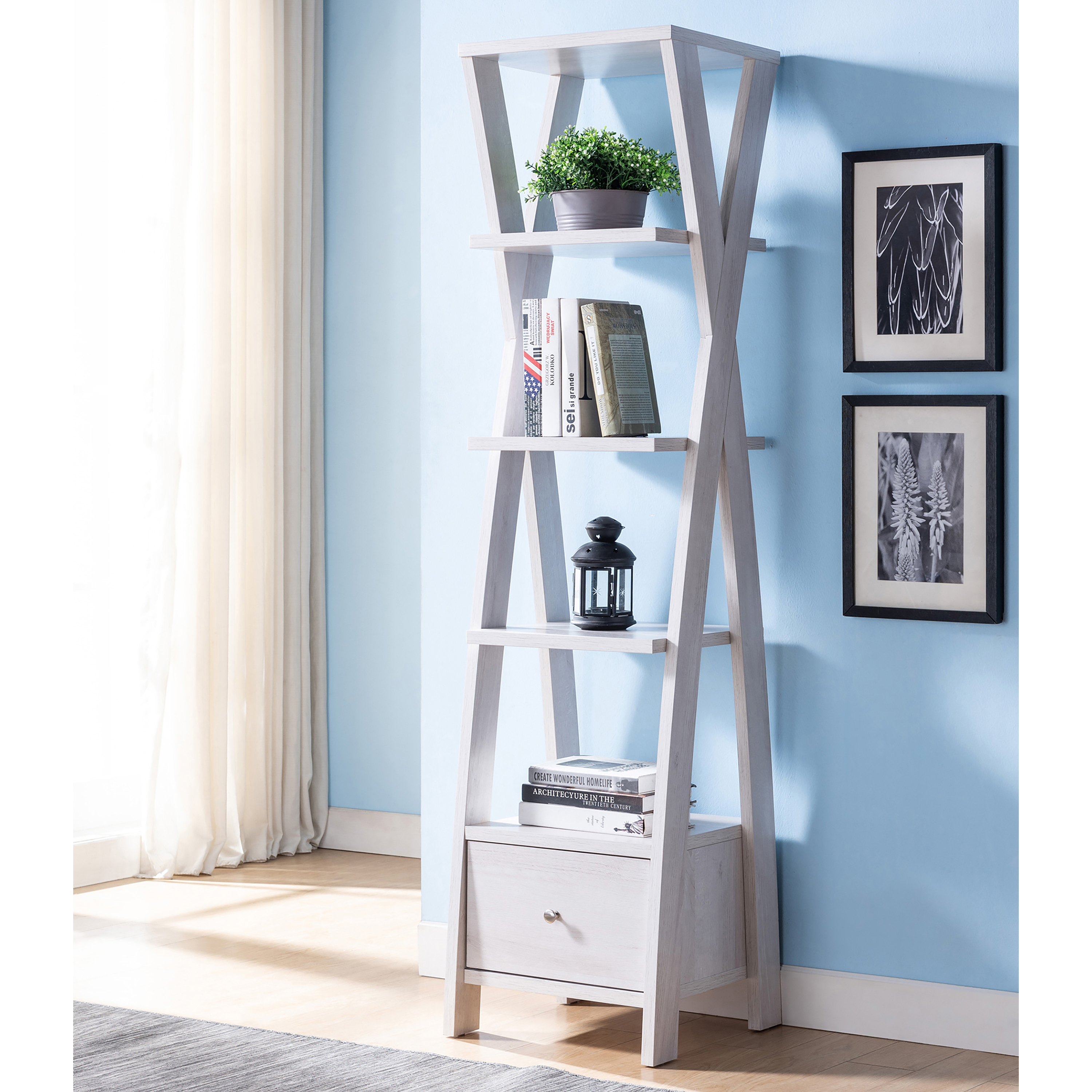 Furniture of America Tanan Wood Multi-Storage Bookcase, White Oak