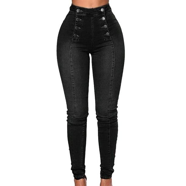 Gibobby Jeans pantalones de mujer Vaqueros ajustados con botones cruzados de cintura alta para mujer(Negro,G)